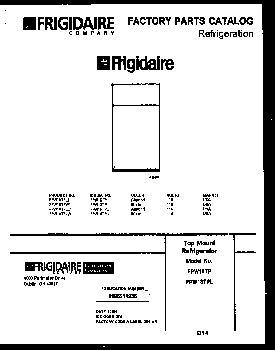 Frigidaire FPW18TPL1 cover diagram