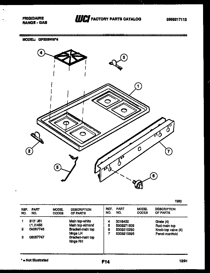Frigidaire GP32BNW4 cooktop parts diagram