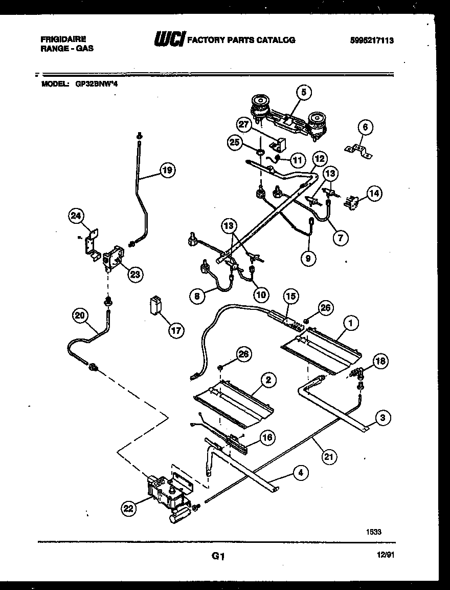 Frigidaire GP32BNW4 burner, manifold and gas control diagram