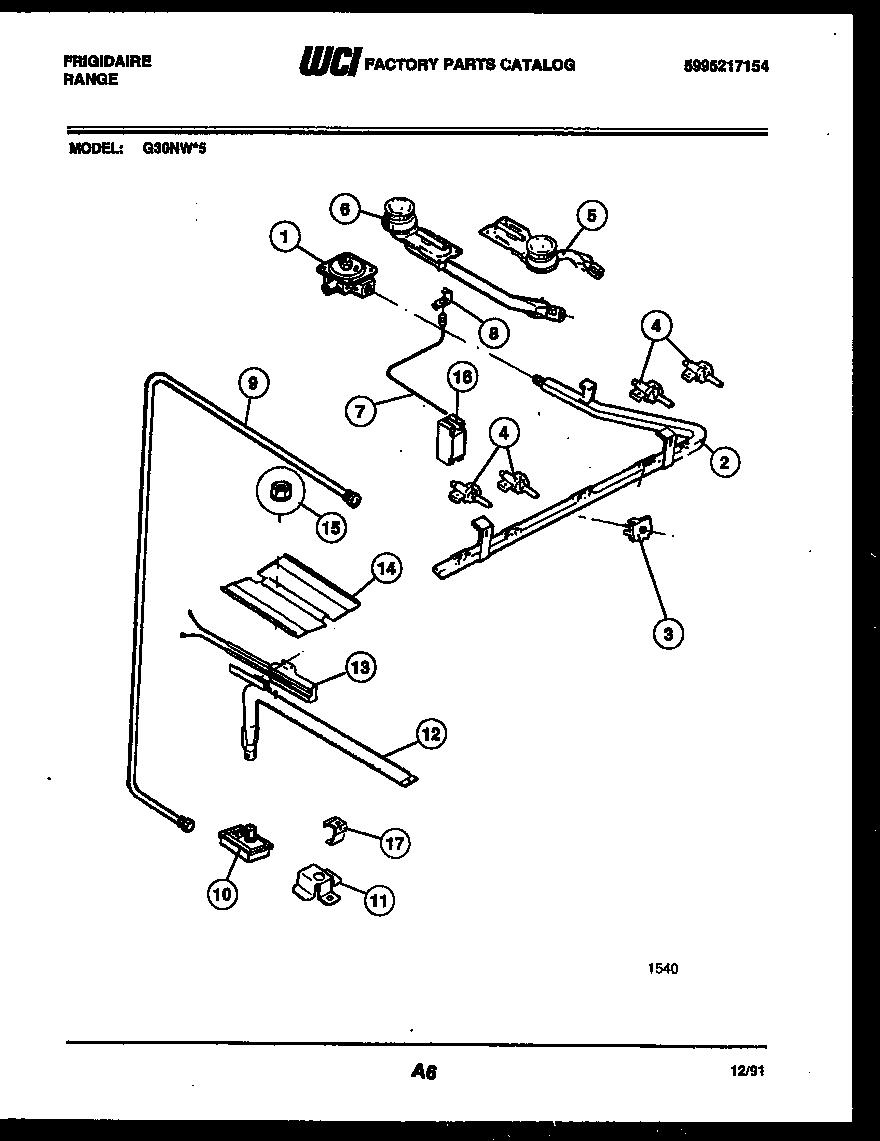 Frigidaire G30NW5 burner, manifold and gas control diagram