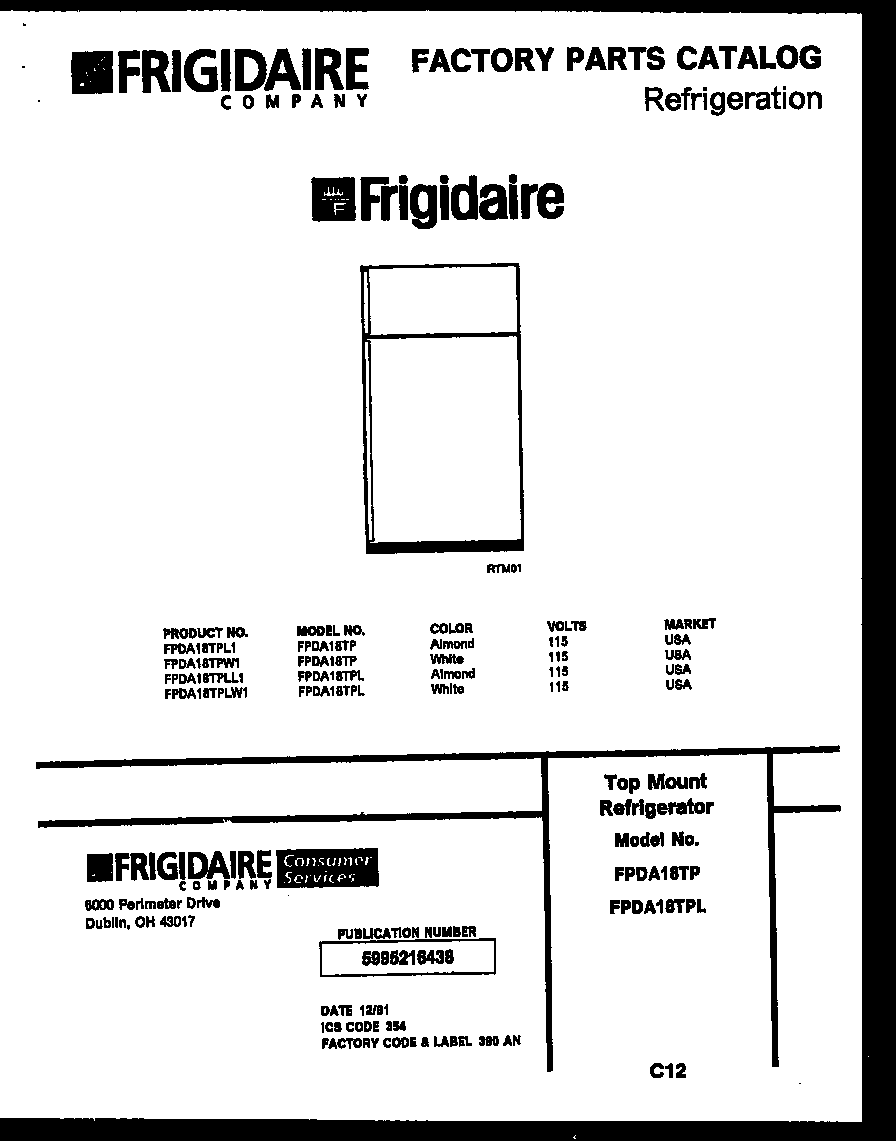 Frigidaire FPDA18TPLW1 cover diagram