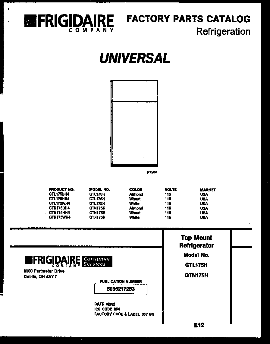 Gibson GTL175HH4 cover diagram
