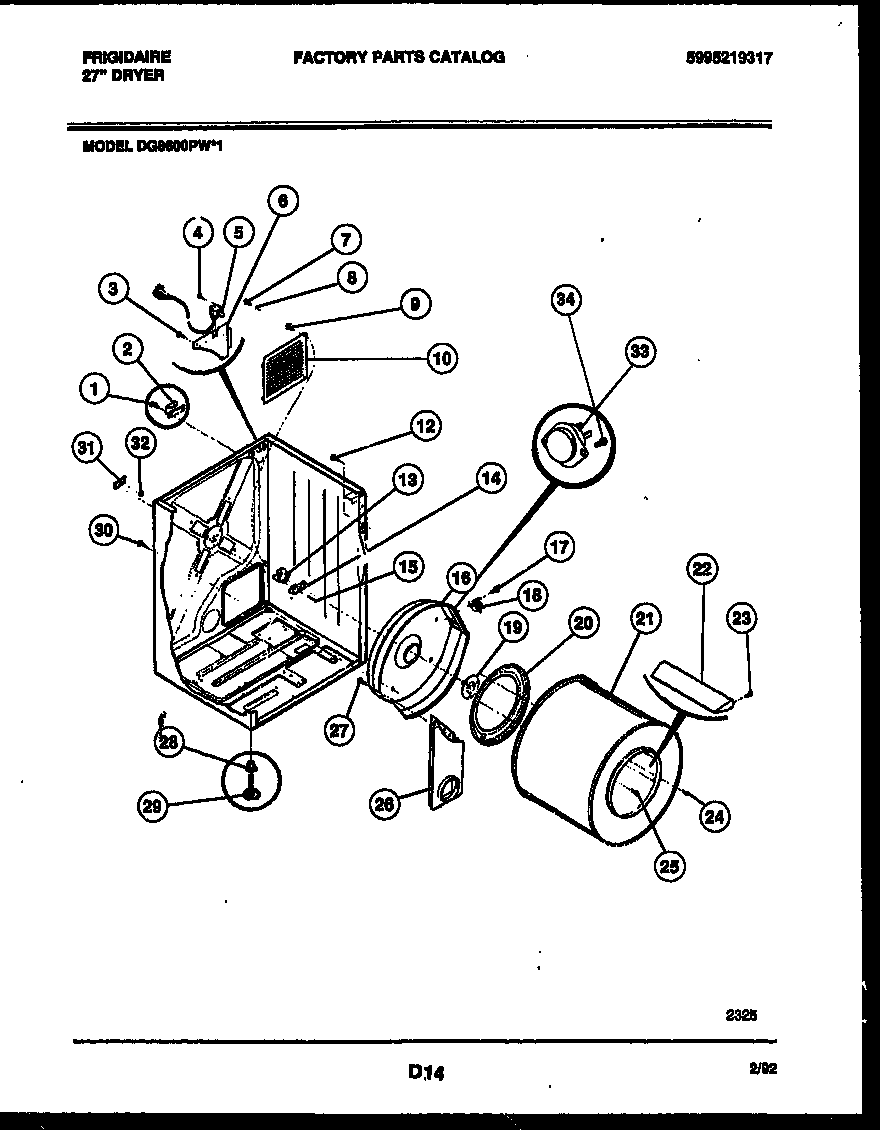 Frigidaire DG8600PW1 cabinet and component parts diagram