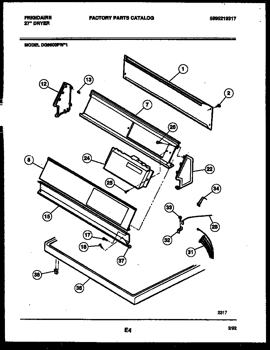 Frigidaire DG8600PW1 console and control parts diagram