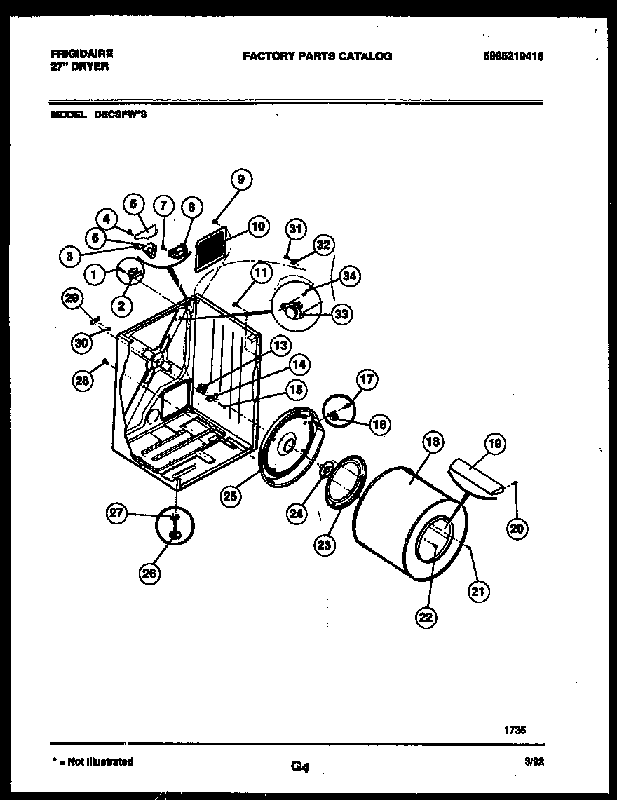 Frigidaire DECSFW3 cabinet and component parts diagram