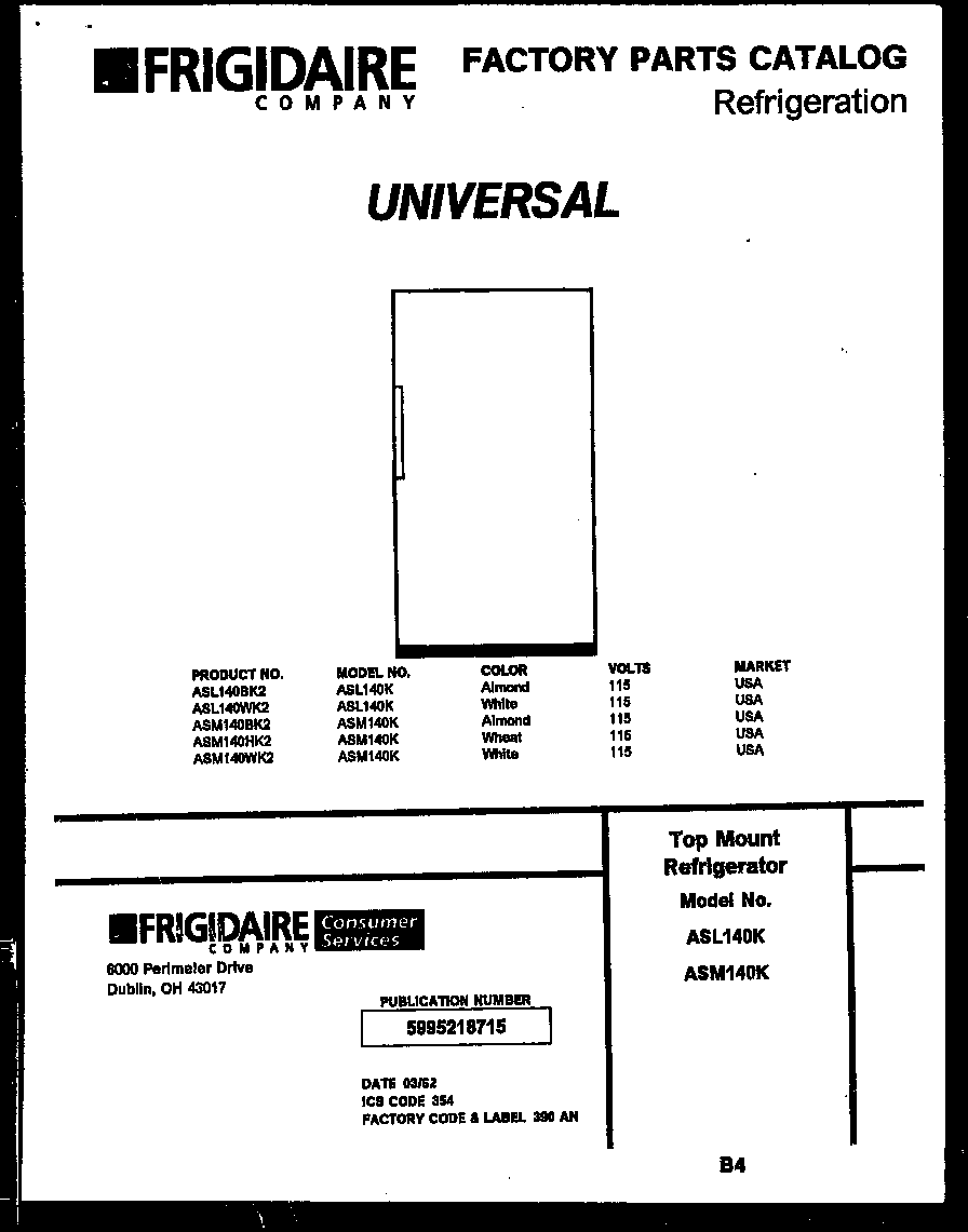 Frigidaire ASL140BK2 cover page diagram