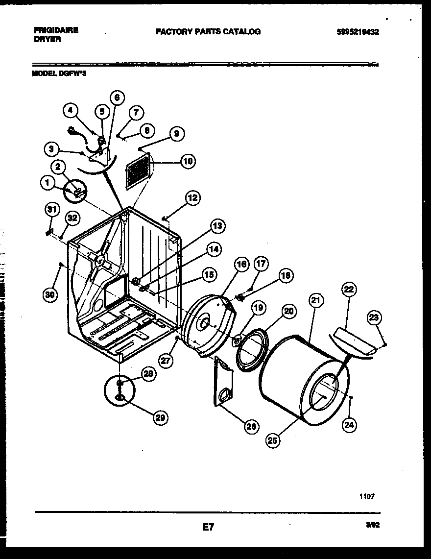 Frigidaire DGFW3 cabinet and component parts diagram