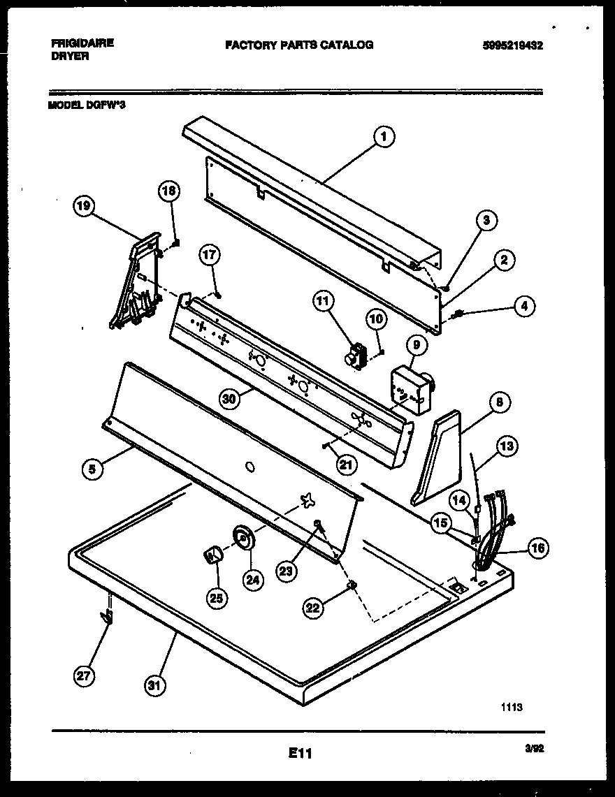 Frigidaire DGFW3 console and control parts diagram