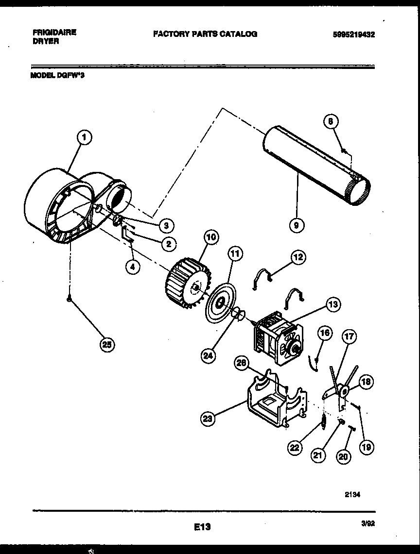 Frigidaire DGFW3 blower and drive parts diagram