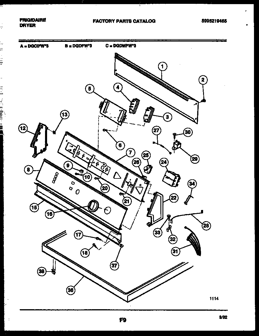 Frigidaire DEGCIFL3 console and control parts diagram