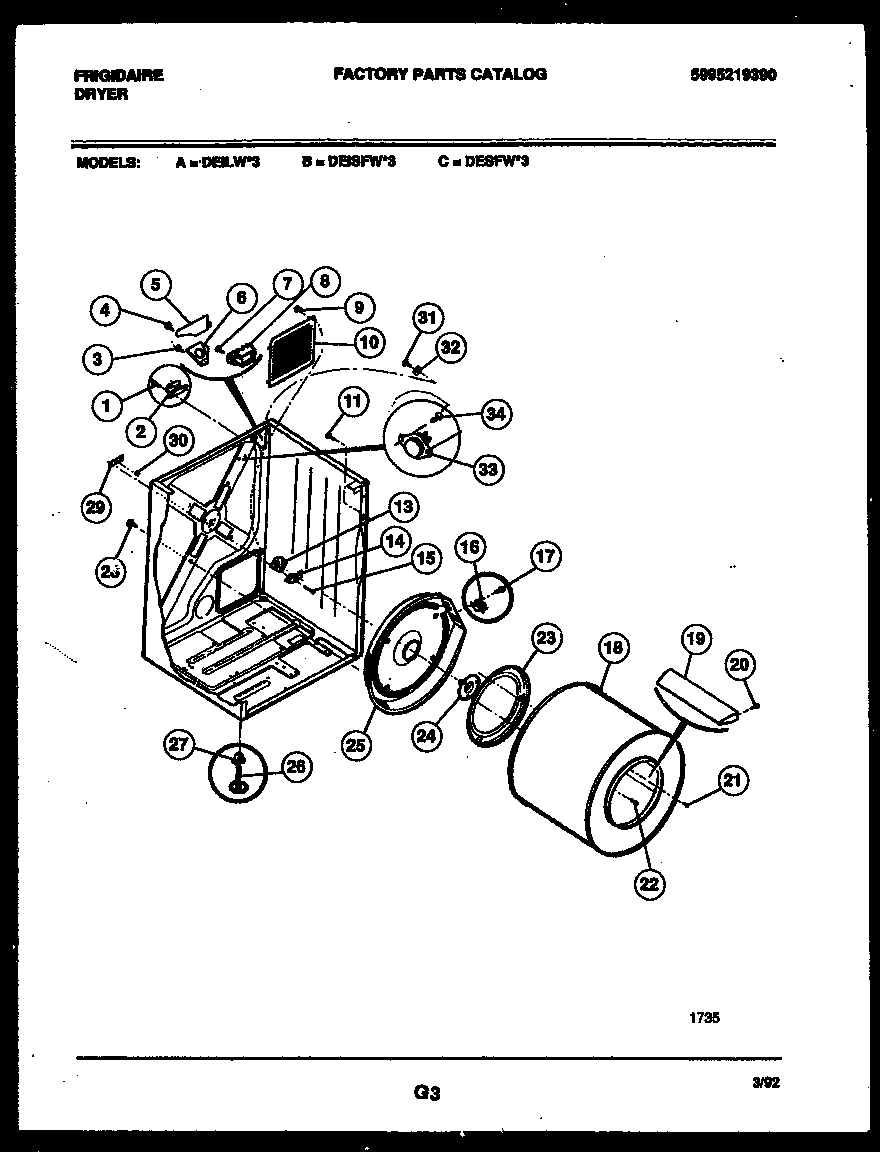 Frigidaire DEILL3 cabinet and component parts diagram