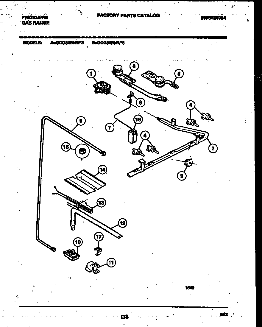 Frigidaire GCG34BNW6 burner, manifold and gas control diagram