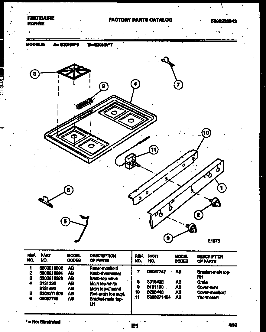 Frigidaire G30NW6 cooktop parts diagram