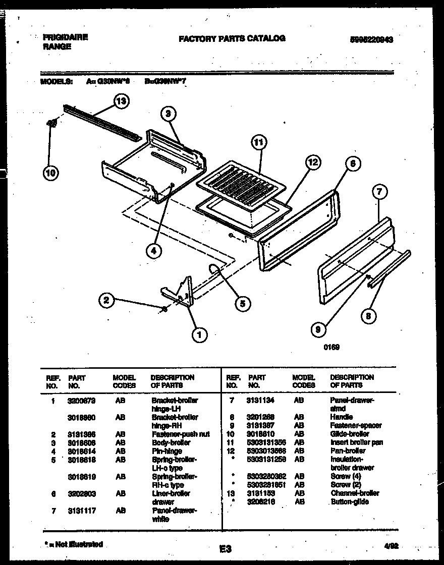 Frigidaire G30NW6 broiler drawer parts diagram