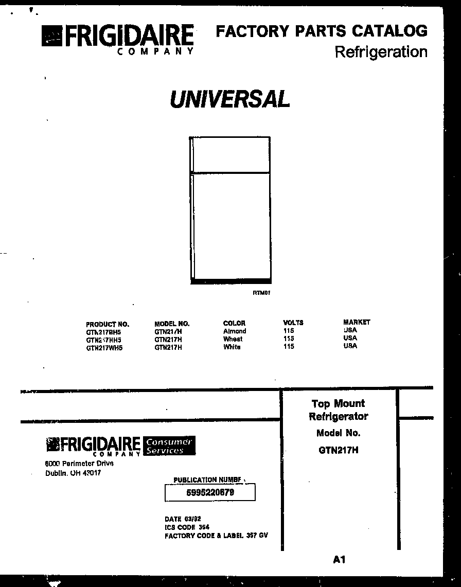 Frigidaire GTN217BH5 cover diagram