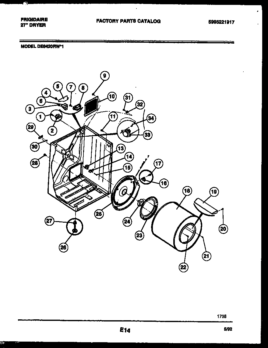 Frigidaire DE6420RW1 cabinet and component parts diagram