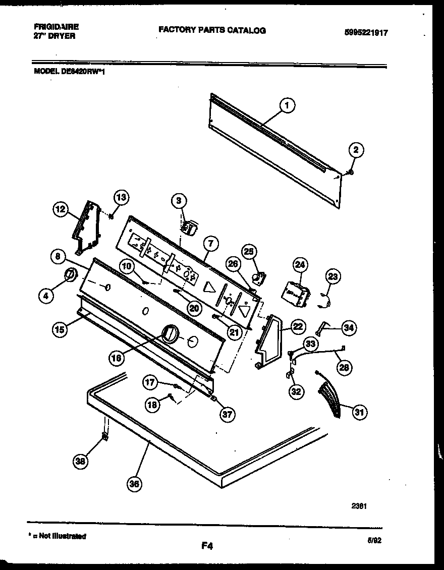 Frigidaire DE6420RW1 console and control parts diagram
