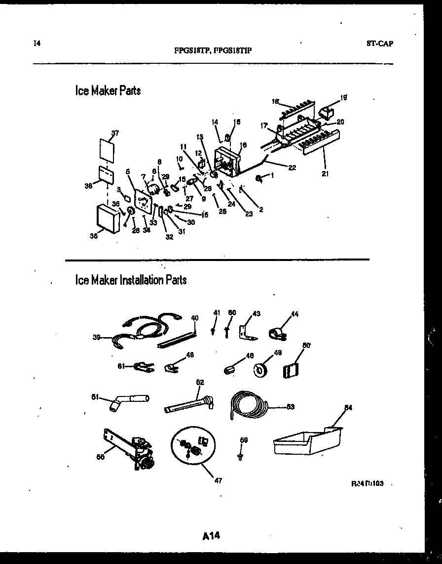 Frigidaire FPGS18TIPLW0 ice maker and installation parts diagram