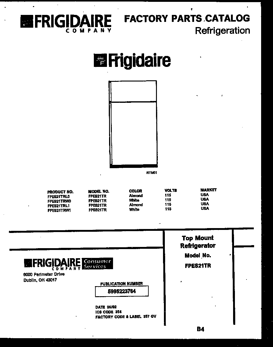 Frigidaire FPES21TRW1 cover diagram