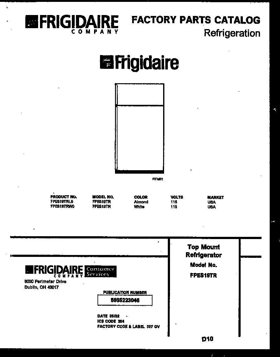 Frigidaire FPES19TRL0 cover diagram