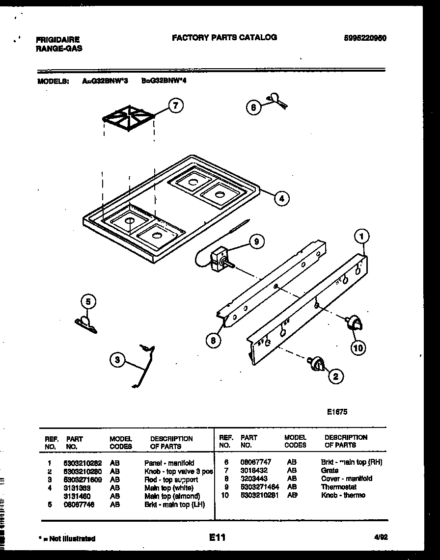 Frigidaire G32BNW3 cooktop parts diagram