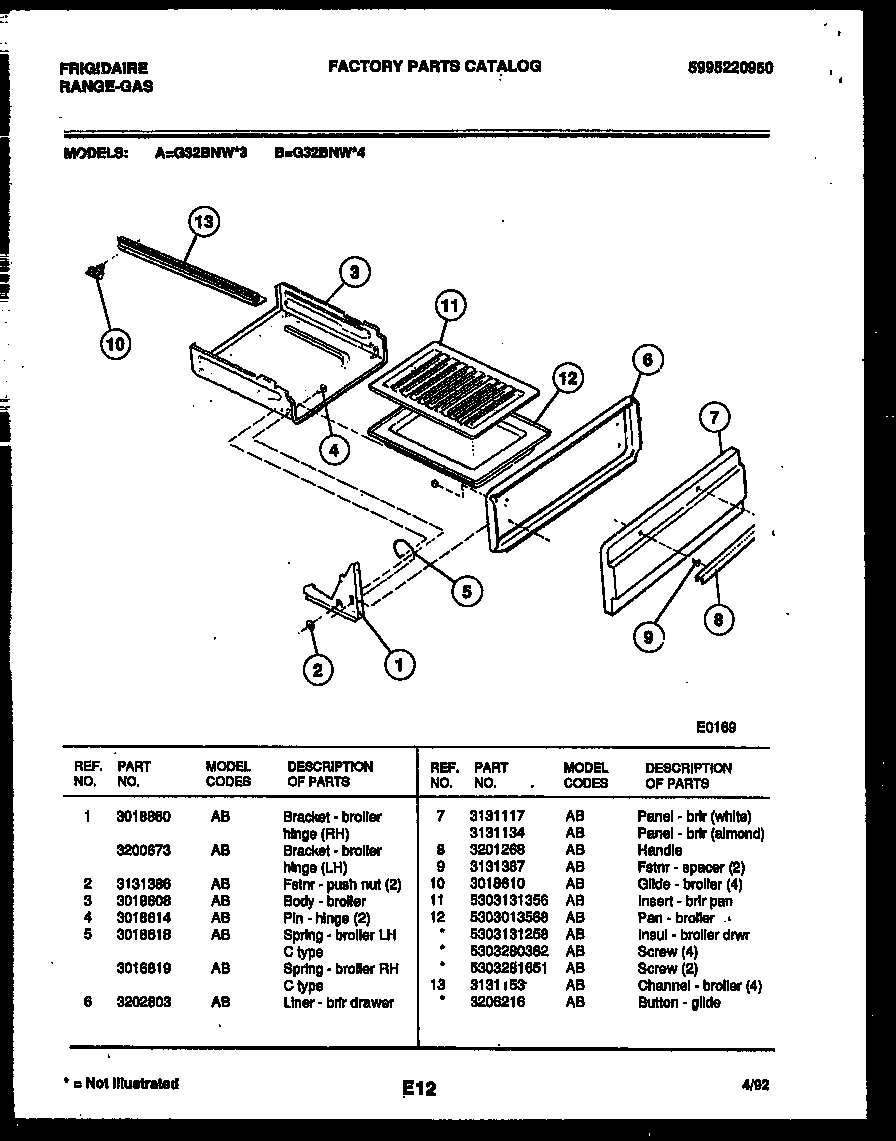 Frigidaire G32BNW3 broiler drawer parts diagram