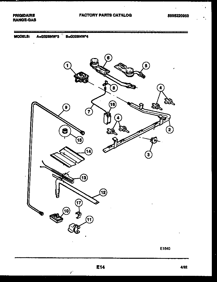 Frigidaire G32BNW3 burner, manifold and gas control diagram