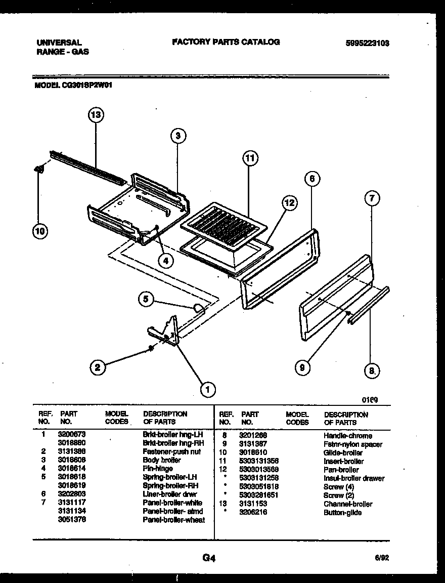 Kelvinator CG301SP2D1 broiler drawer parts diagram