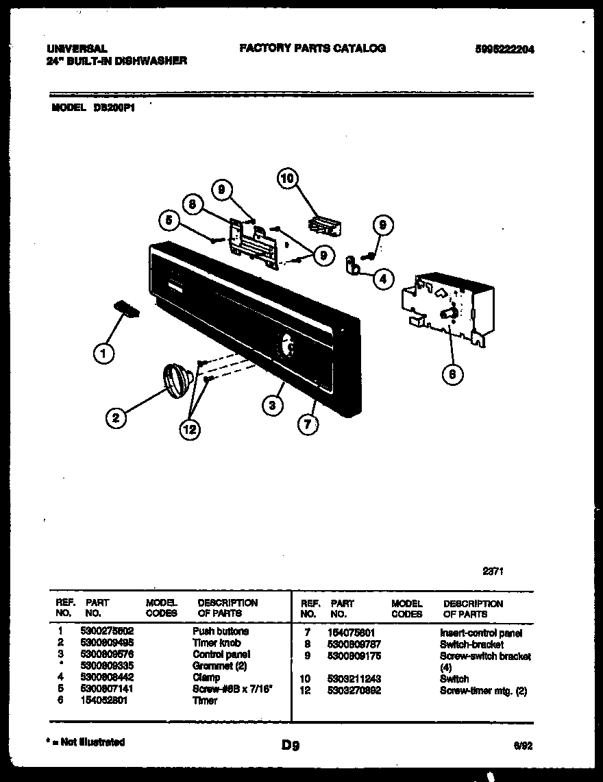 White-Westinghouse DB200PW1 console and control parts diagram