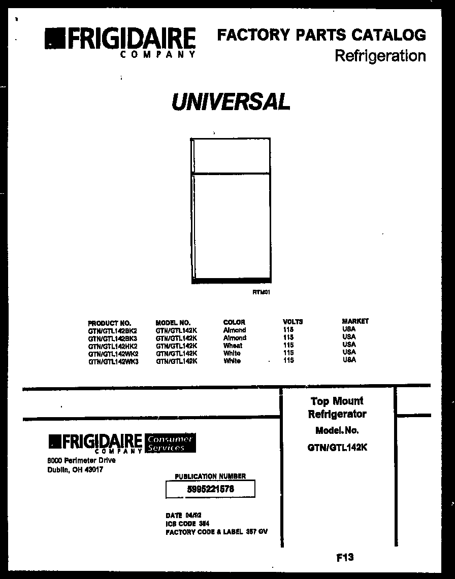 White-Westinghouse GTN142BK3 cover diagram