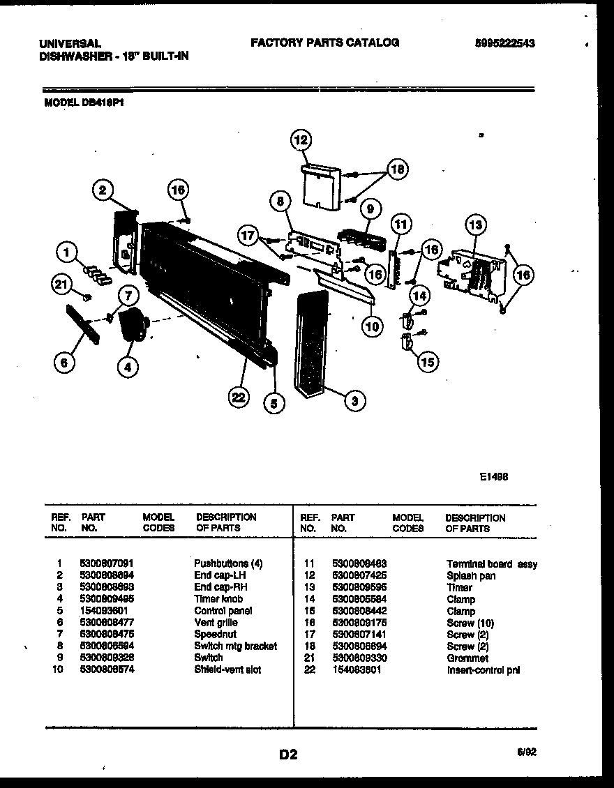 Tappan DB418PW1 console and control parts diagram