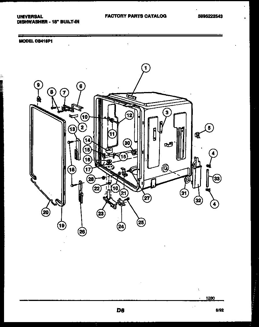 Tappan DB418PW1 tub and frame parts diagram