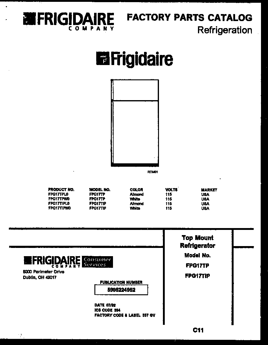 Frigidaire FPG17TPL0 cover diagram