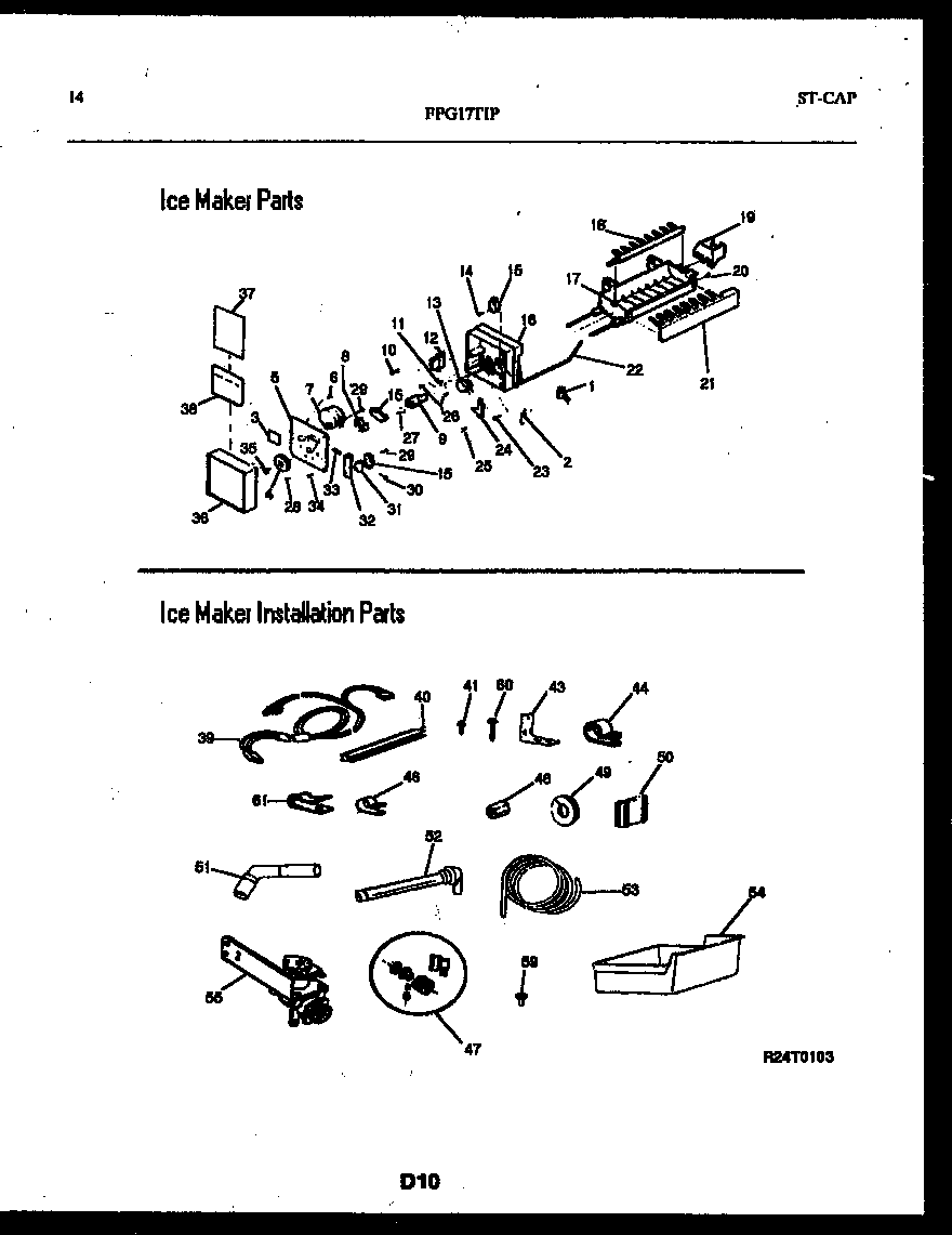 Frigidaire FPG17TPL0 ice maker and installation parts diagram