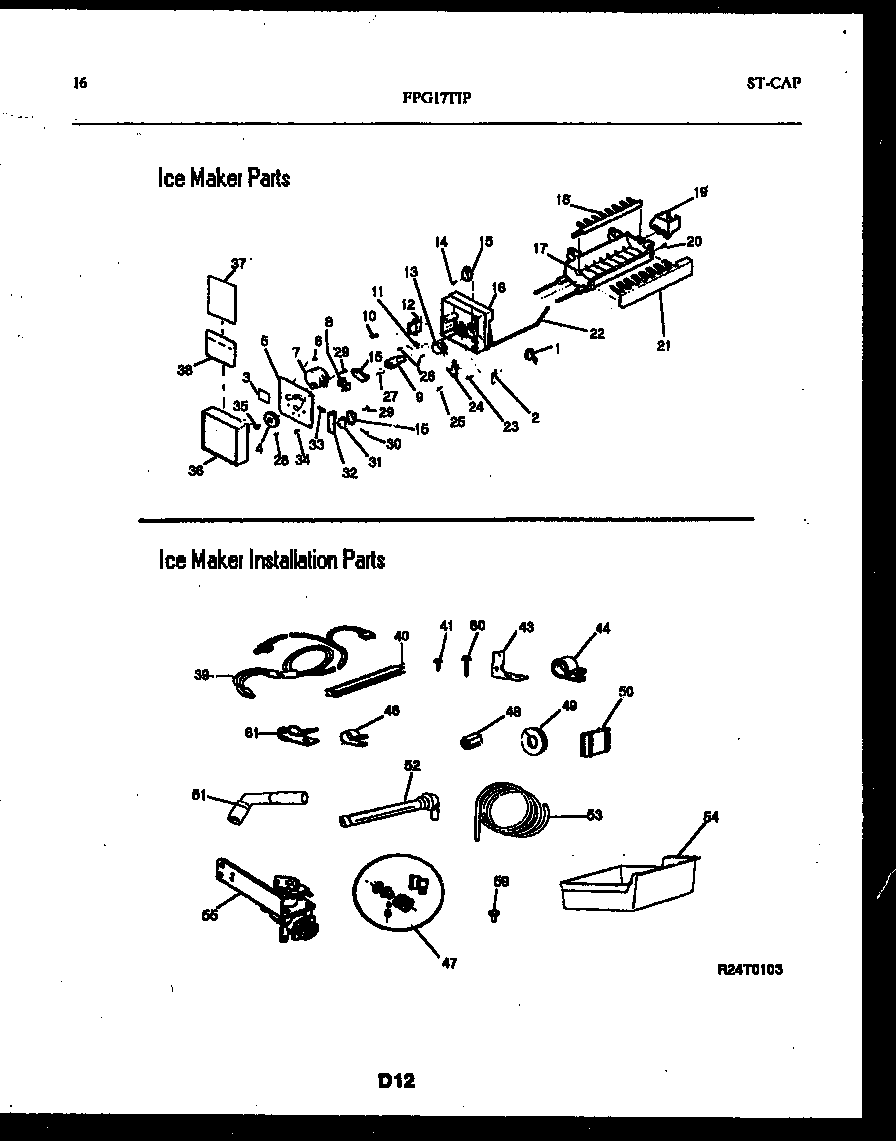 Frigidaire FPG17TPL0 ice maker and installation parts diagram