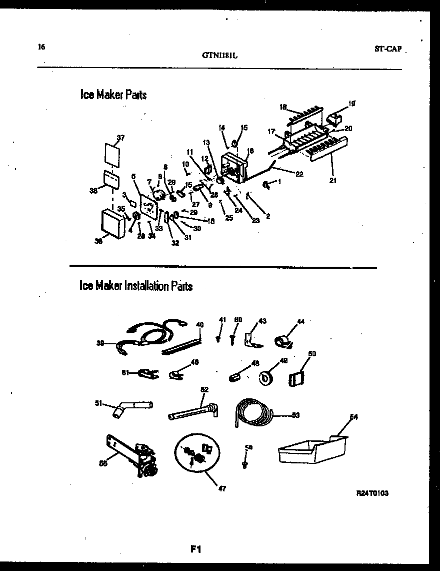 Gibson GTN181BL0 ice maker and installation parts diagram