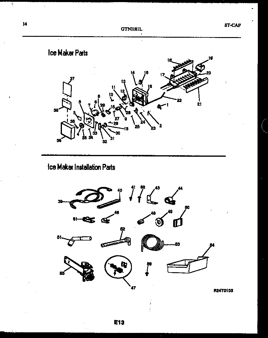 Kelvinator GTN181BL0 ice maker and installation parts diagram