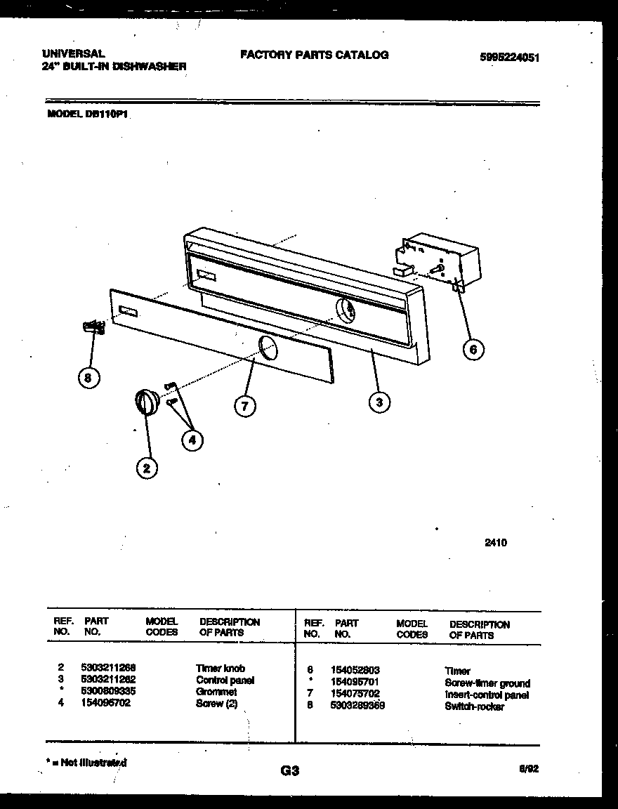 Tappan DB110PW1 console and control parts diagram