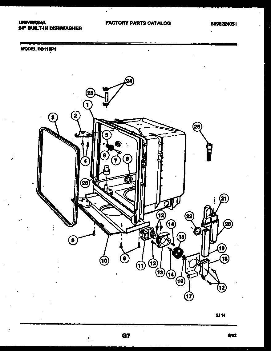 Tappan DB110PW1 tub and frame parts diagram