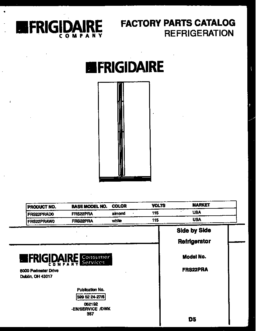 Frigidaire FRS22PRAW0 front cover diagram