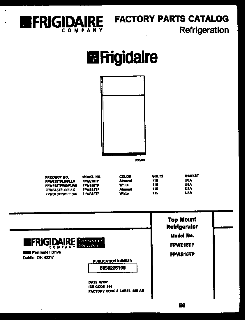 Frigidaire FPWE18TPL0 cover diagram