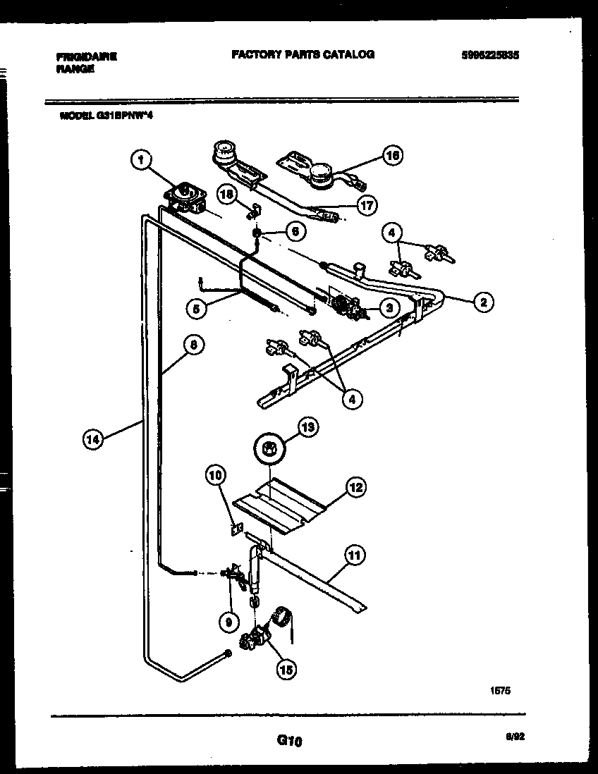 Frigidaire G31BPNW4 burner, manifold and gas control diagram