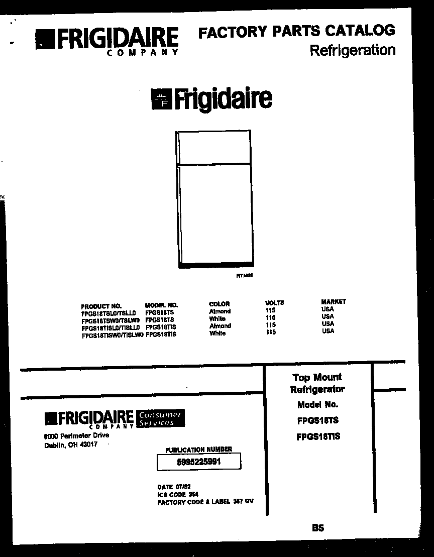 Frigidaire FPGS18TISLW0 cover diagram