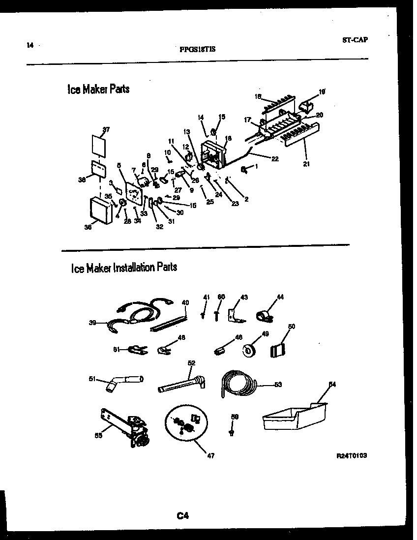 Frigidaire FPGS18TISLW0 ice maker and installation parts diagram