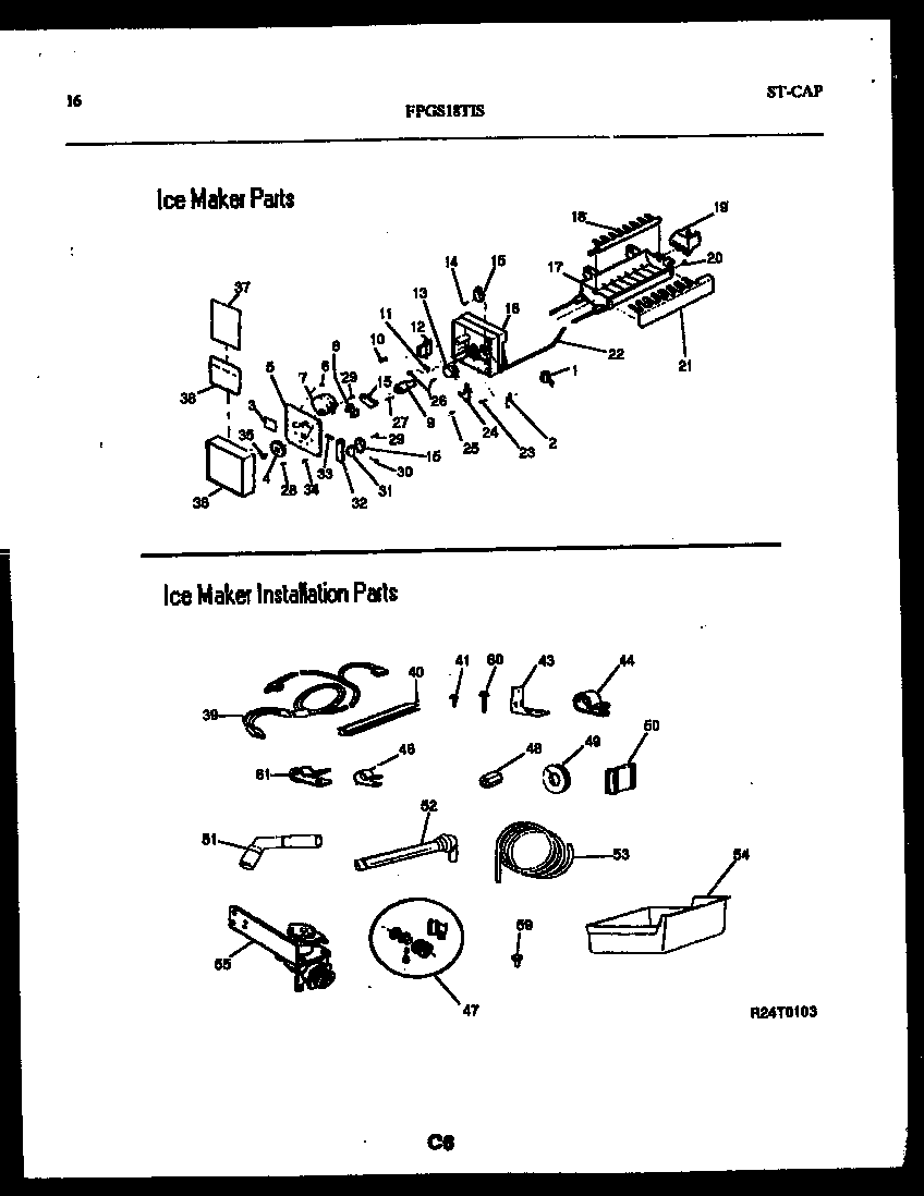 Frigidaire FPGS18TISLW0 ice maker and installation parts diagram