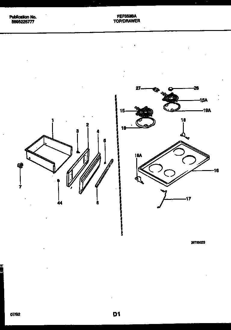 Frigidaire FEF353BADA cooktop and drawer parts diagram