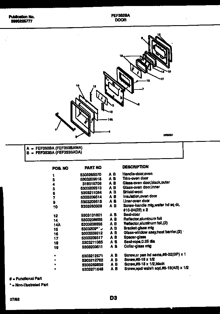 Frigidaire FEF353BADA door parts diagram