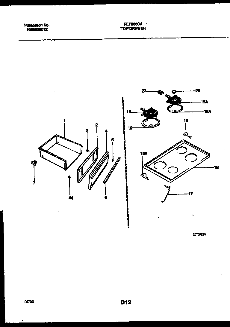 Frigidaire FEF366CASB cooktop and drawer parts diagram