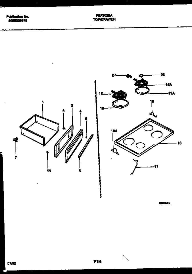 Frigidaire FEF303BADA cooktop and drawer parts diagram