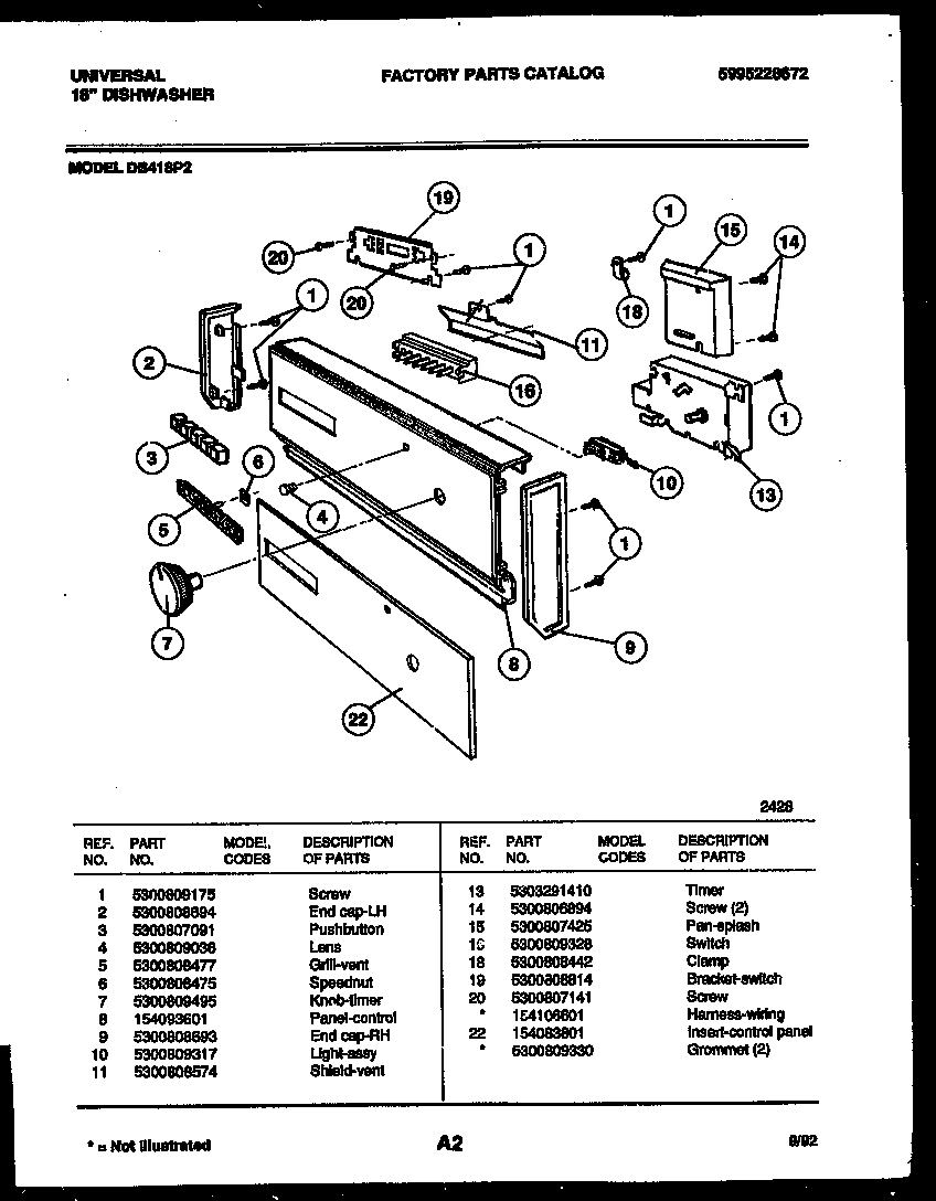 Tappan DB418PW2 control panel diagram